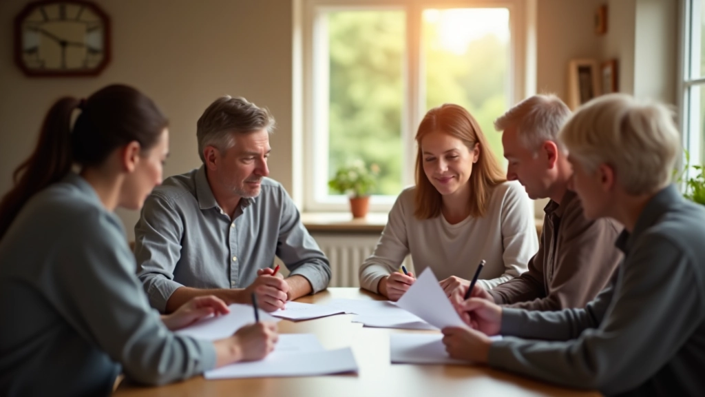 Familientreffen zur Vermögensplanung mit Generationen am Tisch sitzend