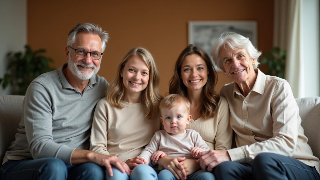 Familie mit mehreren Generationen sitzt zusammen im Wohnzimmer und bespricht finanzielle Angelegenheiten