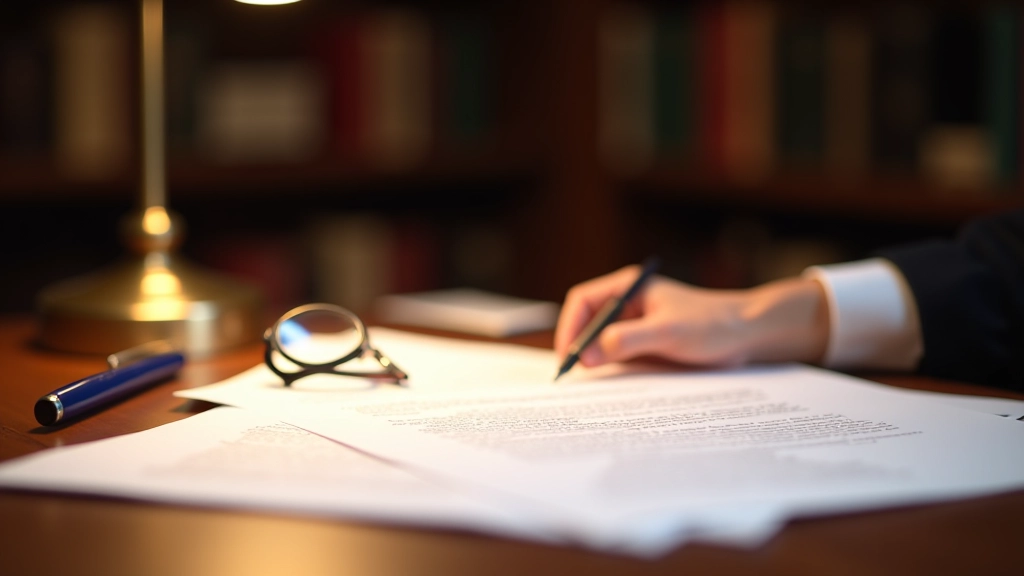Rechtliche Dokumente und Testament auf einem Schreibtisch mit Brille und Stift