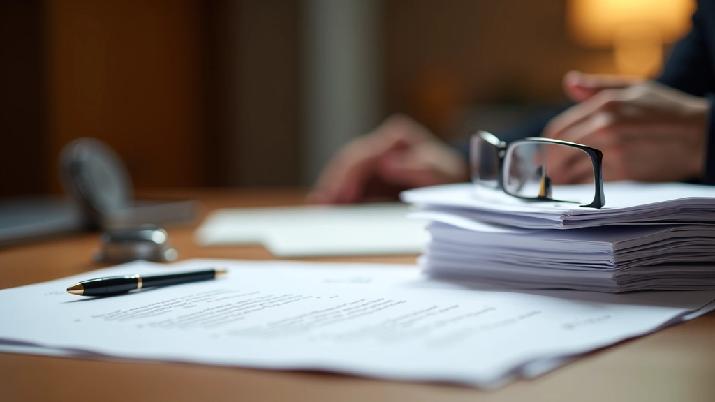 Rechtliche Dokumente und Schriftzüge auf Schreibtisch