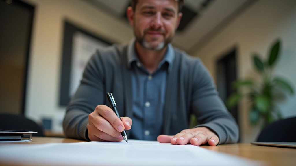 Person sitzt am Schreibtisch, schreibt sorgfältig ein Testament mit Stift, konzentrierter Blick auf das Papier, warme Beleuchtung