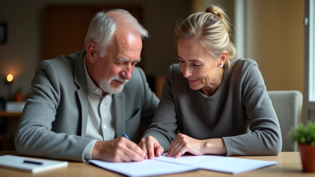 Älteres Paar sitzt zusammen am Schreibtisch und plant finanzielle Angelegenheiten mit Dokumenten
